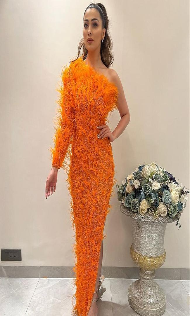 Laxmi Raai Flaunts Her Curves In A Orange Outfit