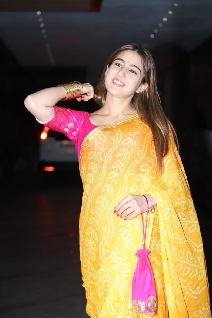 Sara Ali Khan In Yellow Saree At Diwali Party Latest Andhra