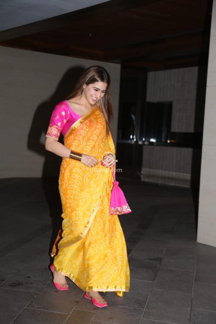 Sara Ali Khan In Yellow Saree At Diwali Party Latest Andhra