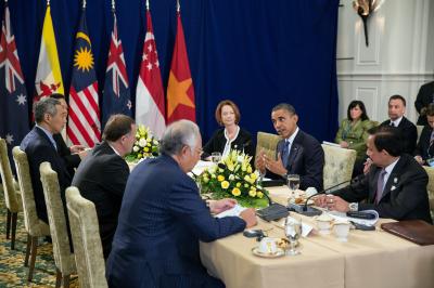 President Barack Obama attends the Trans-Pacific Partnership (TPP) meeting at the ASEAN Summit at Peace Palace in Phnom Penh, Cambodia, Nov. 20, 2012. Taking part in the meeting, clockwise from  the President, are; Sultan of Brunei Hassanal Bolkiah; Prime Minister Mohammed Najib Abdul Razak of Malaysia; Prime Minister John Key of New Zealand; Prime Minister Lee Hsien Loong of Singapore; Prime Minister Nguyen Tan Dung of Vietnam; and Prime Minister Julia Gillard of Australia. Credit: Official White House Photo by Pete Souza

This official White House photograph is being made available only for publication by news organizations and/or for personal use printing by the subject(s) of the photograph. The photograph may not be manipulated in any way and may not be used in commercial or political materials, advertisements, emails, products, promotions that in any way suggests approval or endorsement of the President, the First Family, or the White House.Ê
