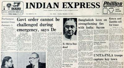 The Indian Express frontpage on the day after the 'ADM Jabalpur' case.
