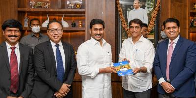 Andhra Pradesh CM Y.S. Jagan Mohan Reddy receives a copy of the state budget from finance minister Buggana Rajendranath in Vijayawada, June 16, 2020. Photo: PTI