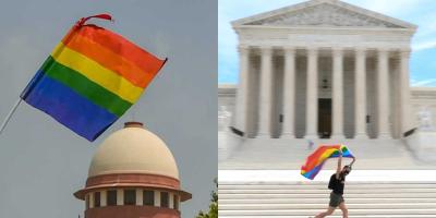 Rainbow flags at the Indian and US Supreme Courts. Photo: PTI/Reuters Illustration: The Wire