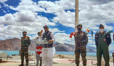Defence Minister Rajnath Singh addresses Indian Army soldiers, at Lukung post in Ladakh, Friday, July 17, 2020. Photo: PTI
