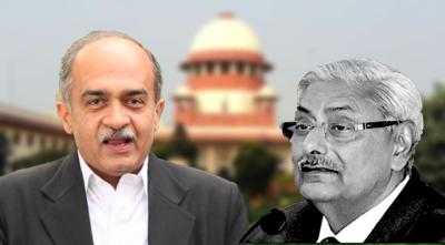 Prashant Bhushan (left), Justice Arun Mishra (right), and in the background, the Supreme Court of India. Photos: PTI