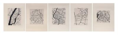 ‘New York, Delhi, Bangkok, Aligarh & Paris’, from the show ‘Cities I Called Home’ (2010) by Zarina; woodblock printed in black on handmade Nepalese paper. Photo: Courtesy of  Gallery Espace. 