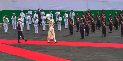 Prime Minister Narendra Modi inspects the Guard of Honour during the 74th Independence Day celebrations, at Red Fort in New Delhi, August 15 2020. Photo: PTI