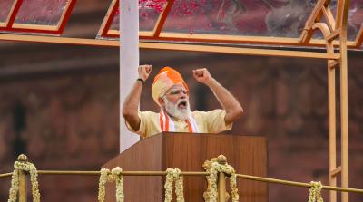 Prime Minister Narendra Modi addresses the nation during the 74th Independence Day celebrations, at Red Fort in New Delhi, Saturday, Aug 15, 2020. Photo: PTI