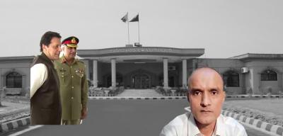 From left to right: Pakistani Prime Minister Imran Khan, army chief General Qamar Bajwa, and former Indian naval officer Kulbhushan Jadhav. Background image: Islamabad High Court.