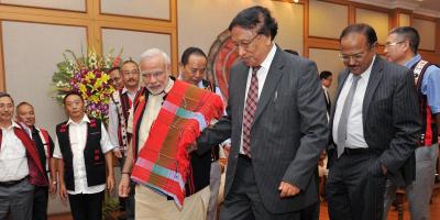 Prime Minister Narendra Modi with NSCN (IM)general secretary Thuingaleng Muivah at the signing of a peace accord between in New Delhi. NSA Ajit Doval is also seen. Photo: PTI