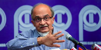 Activist-lawyer Prashant Bhushan addresses a press conference, after Supreme Court imposed a token fine of one rupee as punishment in a contempt case against him, in New Delhi, Monday, August 31. Photo: PTI