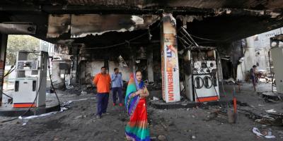 A petrol station that was burnt during the Delhi riots. Photo: Reuters