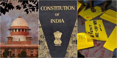 The Supreme Court of India, India's constitution and posters opposing the CAA. Photo: Reuters, spicetruck (Nari)/Flickr CC BY SA 2.0 Illustration: The Wire