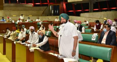 Punjab chief minister Captain Amarinder Singh during the Vidhan Sabha session introducing the three farm Bills to counter Centre’s farm laws on Tuesday. Photo: Special arrangement
