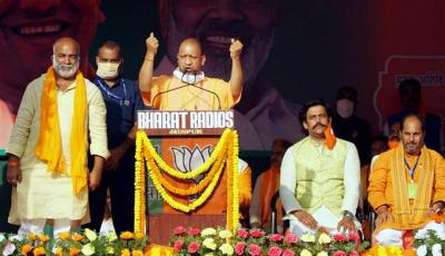 UP chief minister Yogi Adityanath speaking at a BJP election rally in Jaunpur onSaturday, October 31, 2020. Photo: PTI