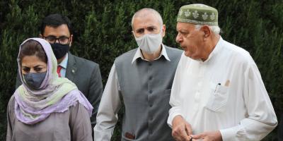 Mehbooba Mufti, Omar Abdullah and Farooq Abdullah. Photo: PTI