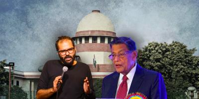 Comedian Kunal Kamra (L) and Attorney General K.K. Venugopal (R). Photo: PTI/YouTube/Wikipedia. Illustration: The Wire