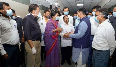 Gujarat CM Vijay Rupani during a visit to a COVID-19 hospital. Photo: PTI