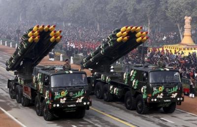 Indian army officers stand on vehicles displaying missiles during the Republic Day parade in New Delhi, India, January 26, 2016. REUTERS/Altaf Hussain
