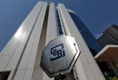 The logo of SEBI is pictured on the premises of its headquarters in Mumbai.