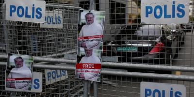Pictures of Saudi journalist Khashoggi are placed on security barriers during a protest outside the Saudi Consulate in Istanbul, Turkey October 8, 2018. Credit: Reuters/Murad Sezer