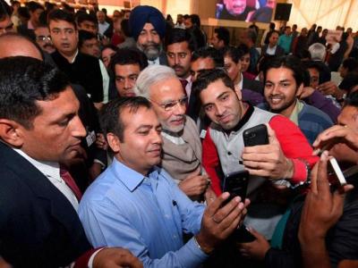 Prime Minister Narendra Modi takes selfies journalists at a Diwali event in November 2015. Credit: PTI