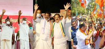 Left to Right: LDF campaign led by Pinarayi Vijayan; UDF campaign led by Ramesh Chennithala; and BJP campaign led by K Surendran. Photo: Official Twitter pages. 