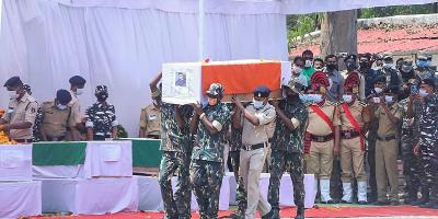 CRPF pays tribute to the soldiers who were killed in the Bijapur Naxalite incident, in Jagdalpur police line on April 5, 2021. Photo: @ChhattisgarhCMO/Twitter