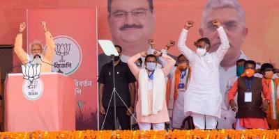 Prime Minister Narendra Modi during an election campaign rally in support of BJP party candidates for the West Bengal Assembly Polls at Gangarampur in South Dinajpur district, Saturday, April 17, 2021. Photo: PTI