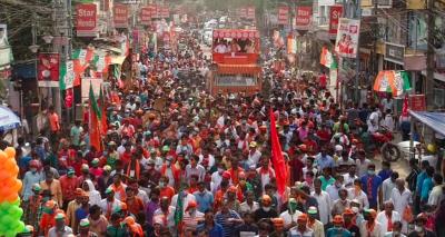 Union home minister Amit Shah campaigns at Krishnanagar in Nadia of West Bengal on April 16. Photo: PTI