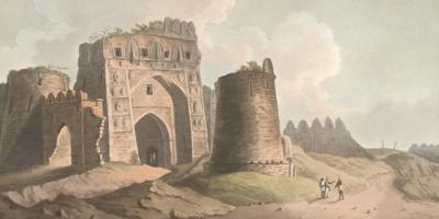 A painting of west gate of Firozabad fort, near Delhi. This fort was built by Feroz Shah Tughlaq in the 1350s, but destroyed by later dynasties. Photo: Wikipedia/Public domain. 