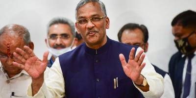 Former Uttarakhand chief minister Trivendra Singh Rawat addresses a press conference after tendering his resignation formally to Governor Baby Rani Maurya, in Dehradun, Tuesday, March 9, 2021. Photo: PTI