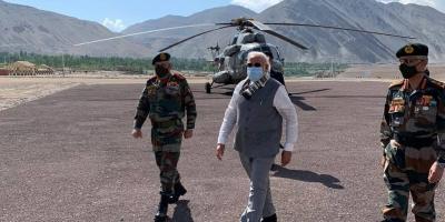 Prime Minister Narendra Modi with chief of defence staff General Bipin Rawat (left) and army chief General M.M. Naravane (right) during in his visit to Ladakh in July 2020. Photo: PMO