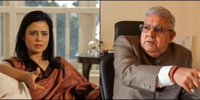 (L) TMC MP Mahua Moitra and (R) West Bengal Governor Dhankar. Photos: Twitter/PTI