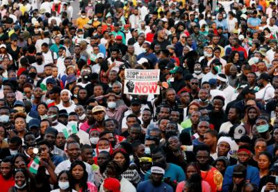 Representative image. Demonstrators gather to protest against police brutality in Lagos, Nigeria, October 17, 2020. Photo: Temilade Adelaja/Reuters/File photo