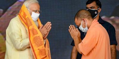 Prime Minister Narendra Modi and UP chief minister Yogi Adityanath in Varanasi. Photo: PTI