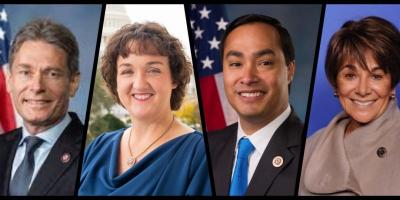 (L-R) Democrat Congress members Tom Malinowski, Katie Porter, Joaquin Castro and Anna G. Eshoo. Photos: Wikimedia Commons