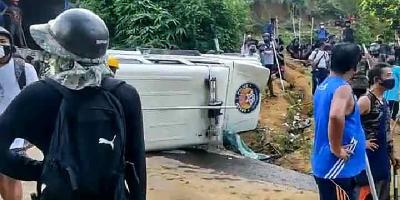 Damaged security force vehicle at the site of the Mondays clashes at Lailapur on the Assam-Mizoram border, in Cachar district, Tuesday, July 27, 2021. Photo: PTI