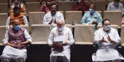 Prime Minister Narendra Modi with Defence Minister Rajnath Singh, BJP President J P Nadda and others at the BJP Parliamentary Party meeting, during the Monsoon Session of Parliament, in New Delhi, Tuesday, Aug 10, 2021. Photo: PTI/Kamal Kishore