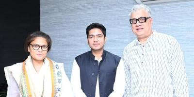 Sushmita Dev joins TMC in the presence of Abhishek Banerjee and Dere O'Brien. Photo: By arrangment