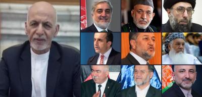 Left: Ashraf Ghani
Right (L-R from top row): Abdullah Abdullah, Hamid Karzai, Gulbuddin Hekmatyar, Amarullah Saleh, Bismillah Mohammadi, Ismail Khan, Abdul Rashid Dostum, Danish Sarwar and Mohammad Haneef Atmar. 