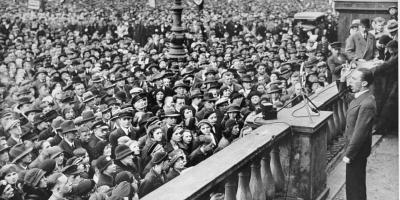 Reichsminister Joseph Goebbels delivers a speech to a crowd in the Berlin Lustgarten urging Germans to boycott Jewish-owned businesses. Photo: US Holocaust Museum