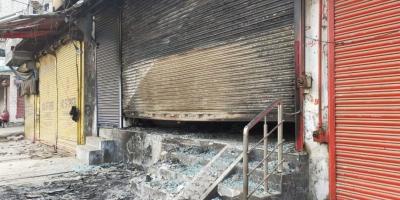 A burnt shop in North East Delhi, closed during the curfew imposed after the riots. Photo: Ismat Ara