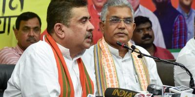 BJP West Bengal President Dilip Ghosh and LOP in the State Assembly Suvendhu Adhikari address a press conference, at party office in Kolkata, Wednesday, Sept. 1, 2021. Photo: PTI