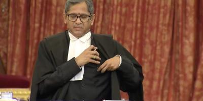 Chief Justice of India N.V. Ramana, after signing his oath of office on April 24., 2021. His tenure will be till August 26, 2022. Photo: Screengrab from Rashtrapati Bhavan YouTube channel.