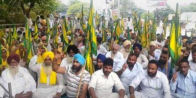 Farmers from the various unions stage a protest against Haryana Police and Government over the police baton charge on farmers in Karnal, in Patiala, Sunday, Aug. 29, 2021. Photo: PTI