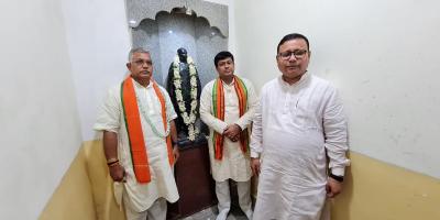 Bengal BJP leaders Dilip Ghosh, Sukanta Majumdar and Amitava Chakravorty. Photo: Twitter/@DrSukantaMajum1
