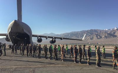 An Indian Air Force transport aircraft C17 brings in essentials supplies at a base in Ladakh. Photo: PTI
