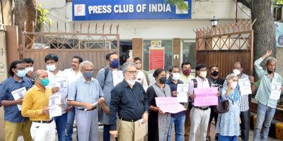 Journalists protest against Siddique Kappan's arrest at the PCI, New Delhi. Photo: DUJ