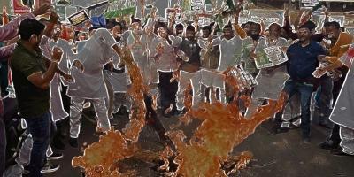 Illustration of a protest against the Lakhimpur Kheri violence. Photo: PTI. Illustration: The Wire